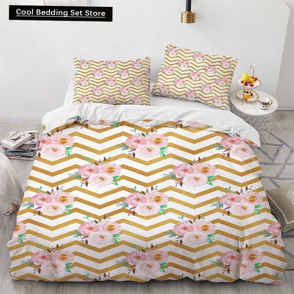Sunflower King Queen Duvet Cover Striped Floral Bedding Set for Kids Teens Adults Colorful Flowers 23pcs Polyester Quilt Cover