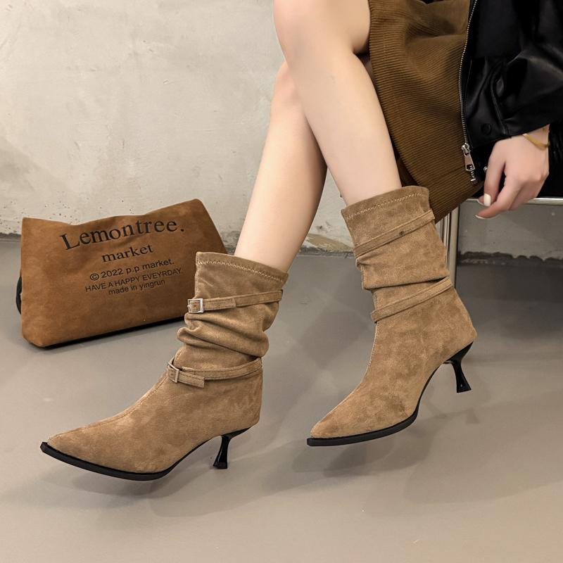 New Women's Pleated Women's Knee-high High Heels Ladies Pointed Knight Boots High Quality Knee High Boots Zapatos Mujer