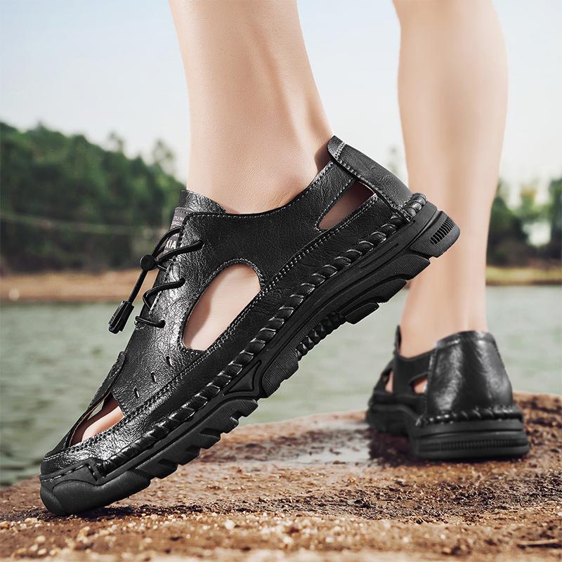 Fashion Summer Outdoor  Comfort Men Sandals Breathable Leisure Beach Vacation Men Hollow Out Shoes Quality Split Leather The Men Sandals