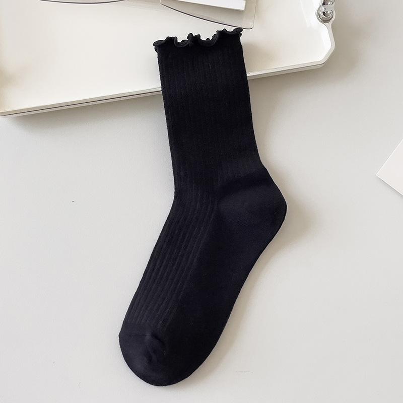 Women's Autumn and Winter Pure Cotton Socks, Mid-calf Socks, Lace Socks, Anti-pilling Black Fungus Edge Pile Socks