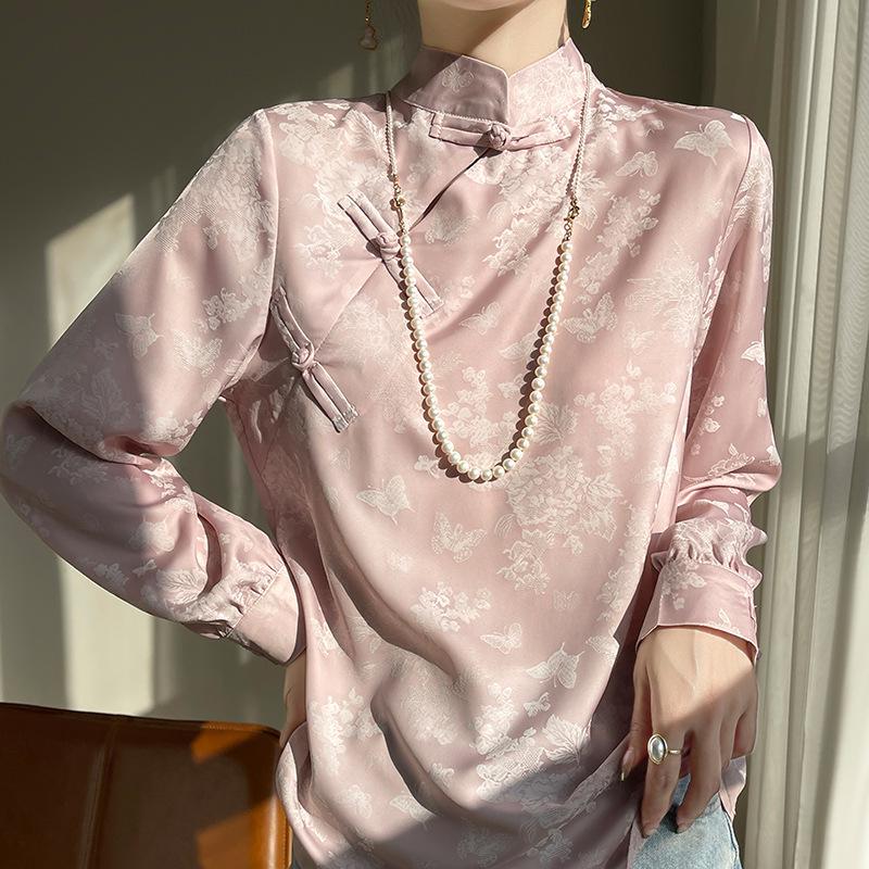 2024 Spring/Summer Women's Chinese Style Satin Jacquard Stand Collar Shirt