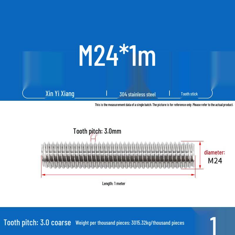 304 Stainless Steel Full Threaded Rod, 1 Meter, available in sizes M3, M6, M8, M10, M12.