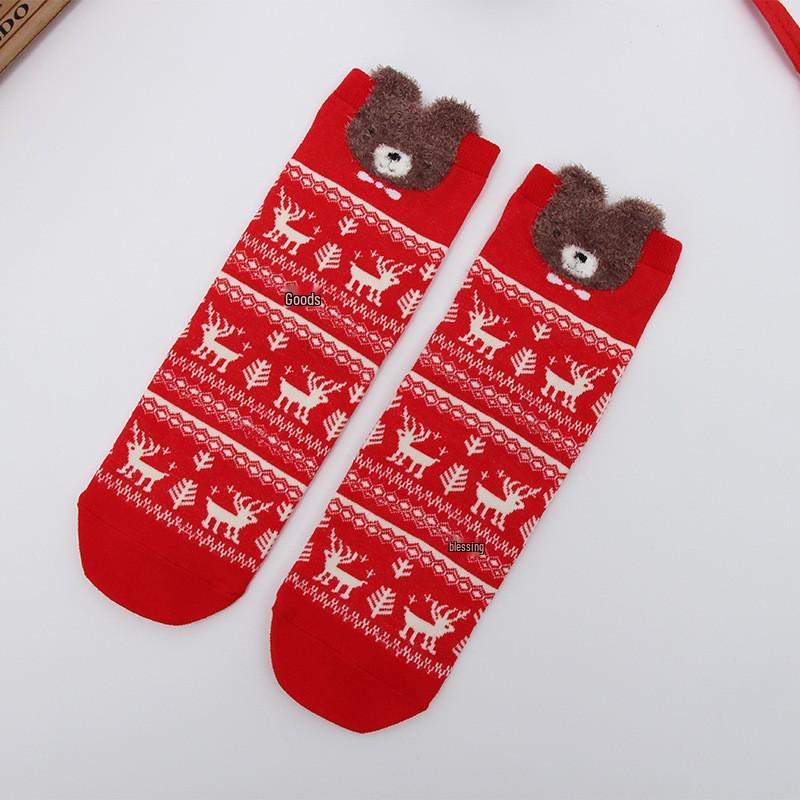 Cute Elk Cartoon Socks with 3D Ears – Red, Cotton for Autumn & Winter, Japanese Style, Perfect for Christmas