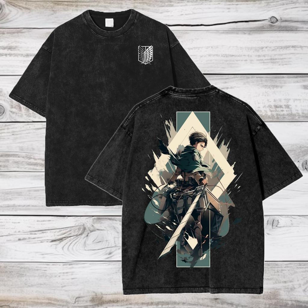 Rivaille Attack on Titan Manga Print T-Shirt Für Herren Damen Kleidung Baumwolle Kurzarm T-Shirts Vintage Gewaschen Übergroß Streetwear