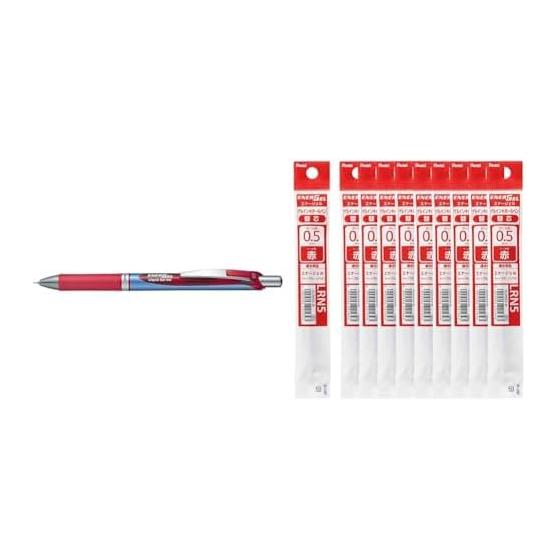 Pentel EnerGel Gel Ink Ballpoint Pen BLN75-B, 0.5mm Red, 10 Pens; EnerGel 0.5mm Refill XLRN5-B, Red, 10 Refills