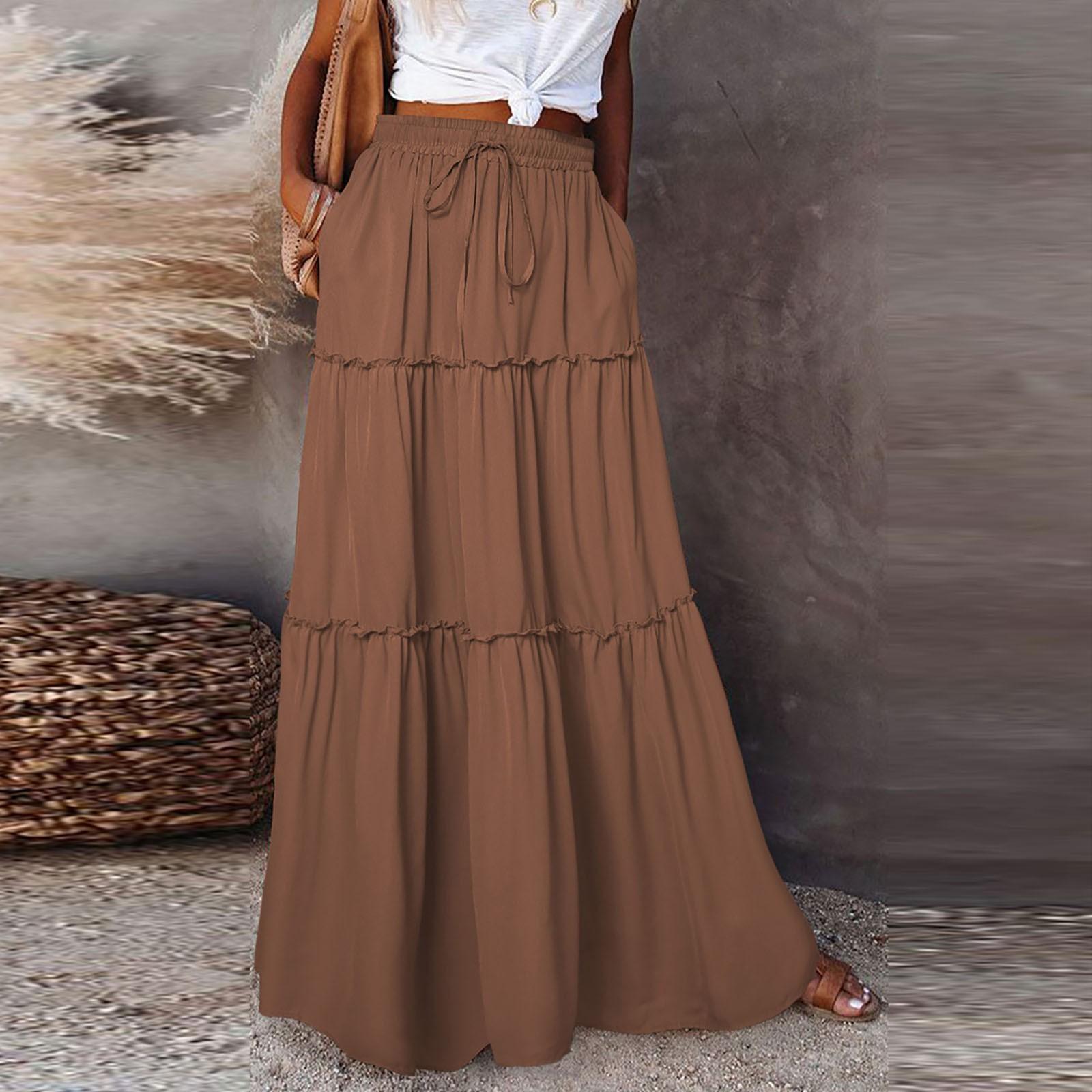 

Women Long Skirt Fashion Solid Color Long Skirts Elastic Waist Faldas Loose Casual High Waist Saia Versatile Half-Body Dress XS коричневый