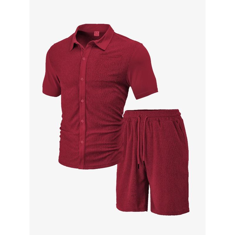Men's summer new casual button solid color cross-grain towel jacquard cloth short-sleeved shorts set