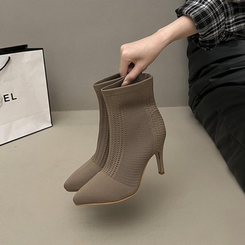 Fashion Knitting High Heels Ankle 2025 New Ladies' Cool Boots Mesh Stiletto Fashion Pointed-toe Women Shoes Designer Goth Boots