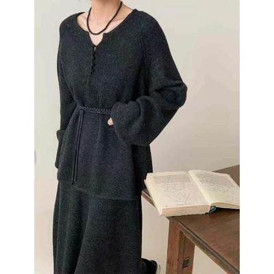 Half-open Neck Breasted Lace-up Design Two-piece Set Autumn and Winter New Casual Skirt + Knitted Sweater Set Women