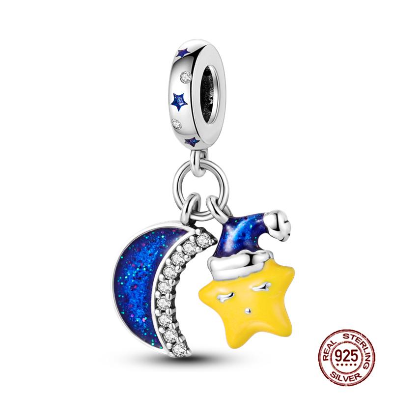 Round Clip Charms Plata Shining Moon Star Char Copper Spacer Clasp Fit Original Bracelet Glow Safety Chain Beads Diy Jewelry