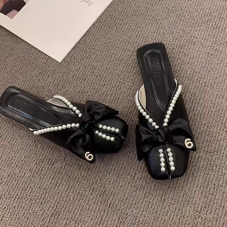 

Тапочки Baotou, женская летняя одежда 2025 года, новая корейская версия, бант, жемчуг, плоская подошва, мягкая подошва, сандалии «рыбий рот» 40 чёрный