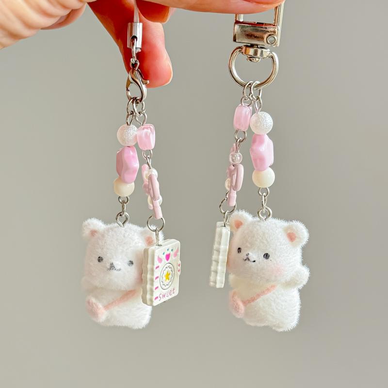 Creative Flocking Bear Bag Pendant Car Keychain Small Animal Mobile Phone Pendant For Girl Women Gift Bag Decoration