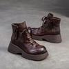 Johnature Genuine Leather Retro Wedges Short Boots With Side Zipper Thick Soled Versatile Women's Boots