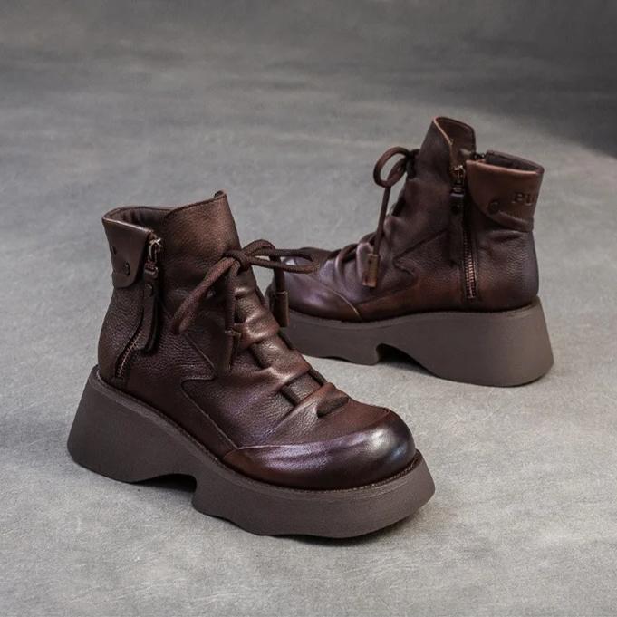 Johnature Genuine Leather Retro Wedges Short Boots With Side Zipper Thick Soled Versatile Women's Boots