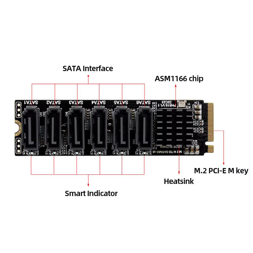 M.2 NVME PCI-E PCIE X4 X8 X16 To 6 Ports 5 Ports 3.0 SATA Adapter Card Riser SATAIII 6Gbps Chassis Server PC Expansion Card