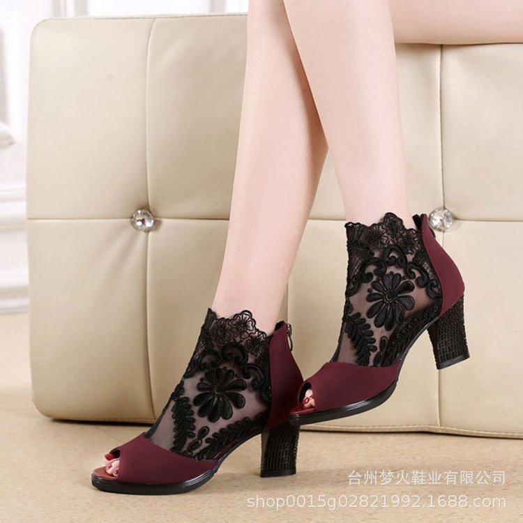 Mesh high heels women's shoes thick heel lace fish mouth sandals
