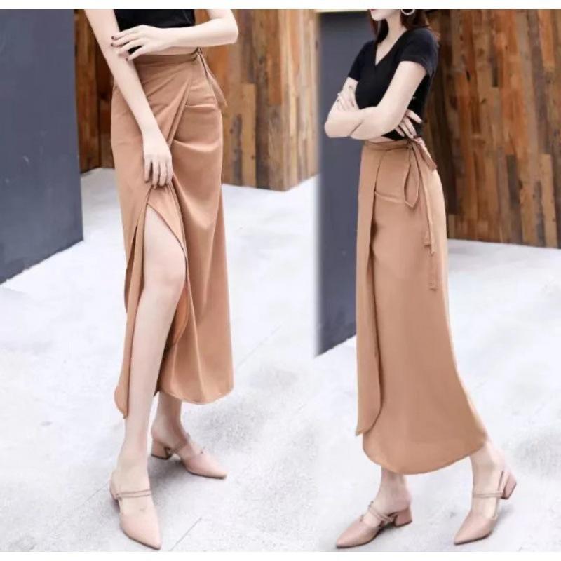 Summer Design One Piece Skitts Women High Waist Elegant Lace Up Chiffon Skirt Solid Color Thin Mid Length A-line Fallas