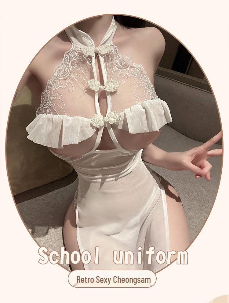 Alluring Ancient Style Cheongsam Lingerie: Backless, See-Through Nightgown for Small Chest.