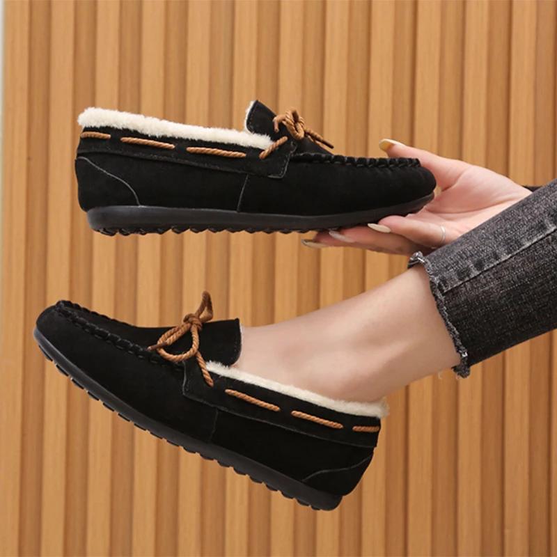Winter Shoes Women Casual Flat Shoes Women's Moccasins Soft Loafers Fashion Comfort Warm Plush Bow Slip on Female Cotton Shoes
