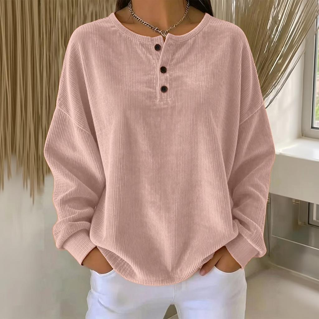 Women's Casual Long Sleeve Button Down Round Neck Loose Fit Top