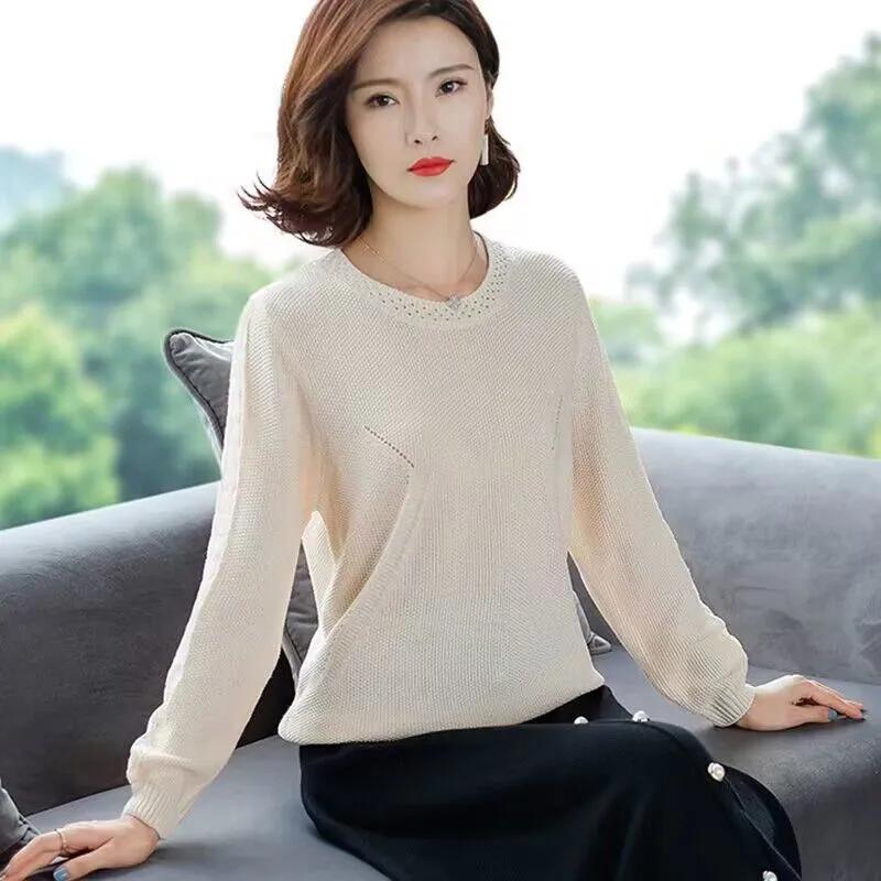 WTEMPO Spring Autumn Winter Solid Color Lace Hollow O-Neck Knitted Pullovers Women's Large Size Casual Versatile Loose Sweaters