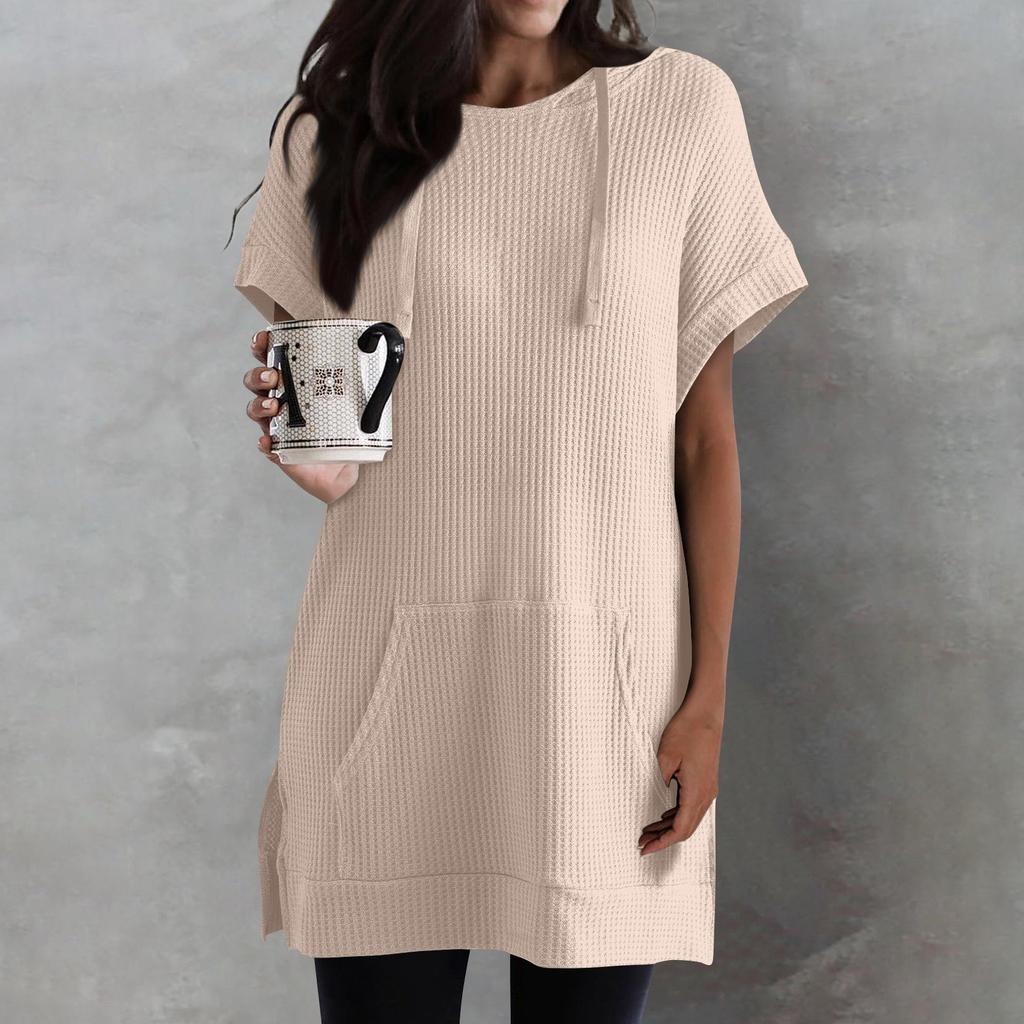 Women's Solid Color Loose Shirts Short Sleeve Drawstring Hoodies Knit Side Slit Tunic Hooded Tops With Pocket