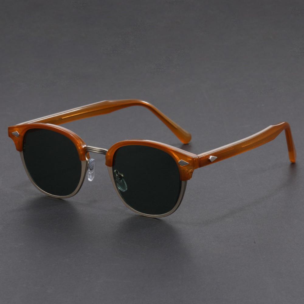 Lunettes de soleil classiques à monture demi-cerclée pour hommes femmes Rétro Rivet Petites lunettes Noir Anti-reflets Lunettes de voyage