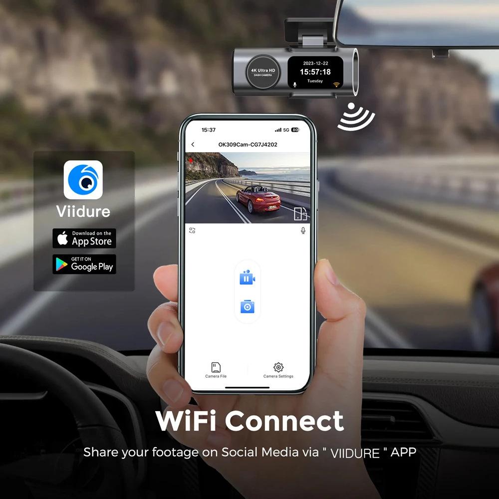 4K Dual Dash Cam with WiFi: Front/Rear HD Recording & Hidden Installation