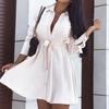 Turn-Down Collar Long Sleeve Women Dress Belt Solid Color Single Breasted Shirt Dress Female Clothing