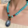 Vintage Blau Naturstein Böhmischer Stil Cameo Schönheitskopf Türkis Schmucksets Für Frau Halskette Und Ohrring Perlen Antik