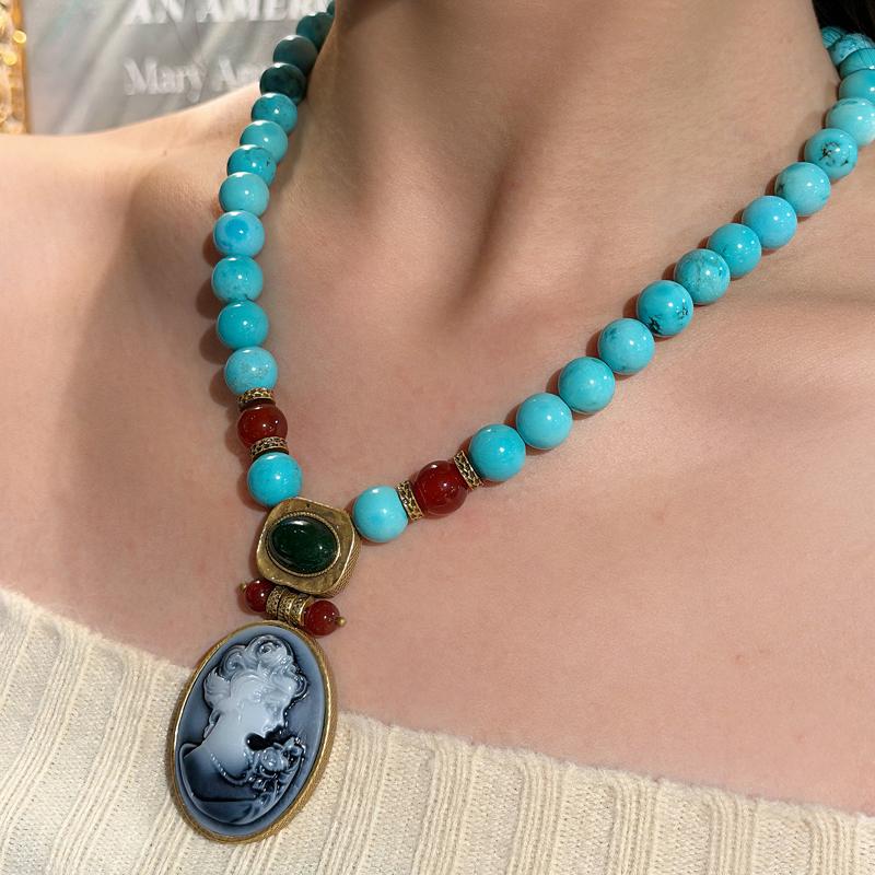 Vintage Blau Naturstein Böhmischer Stil Cameo Schönheitskopf Türkis Schmucksets Für Frau Halskette Und Ohrring Perlen Antik
