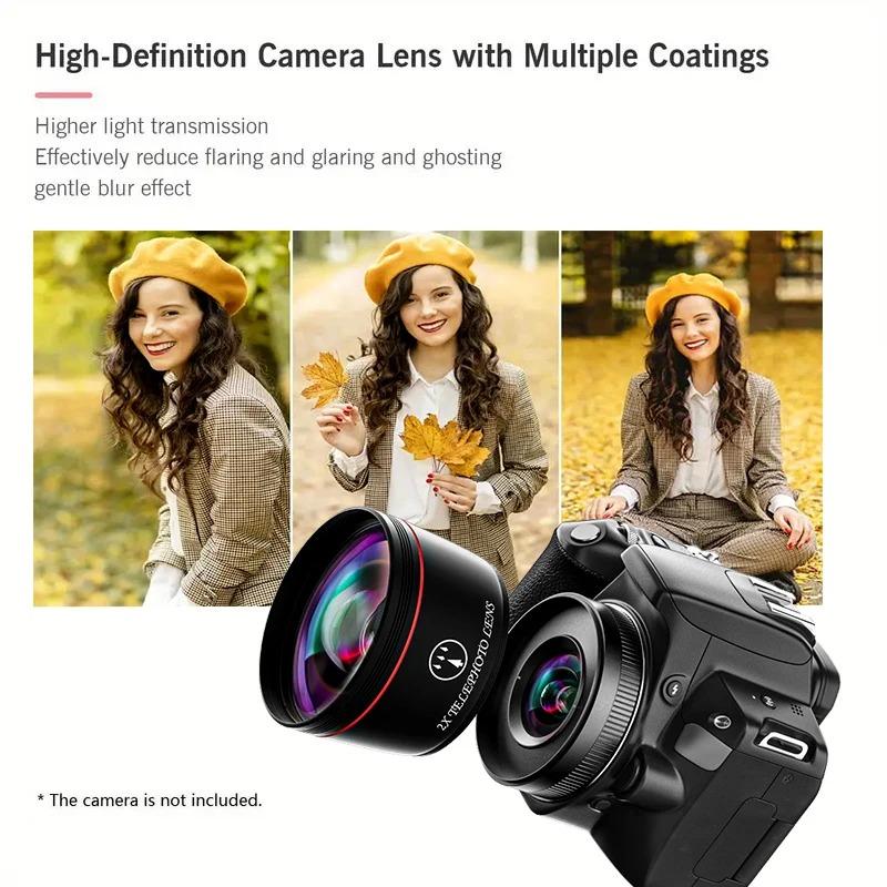 Kit Obiettivo Fotocamera Teleobiettivo 2x, Obiettivo Fotocamera Dslr in Lega di Alluminio, Adatto per Fotocamere con Interfaccia 58mm