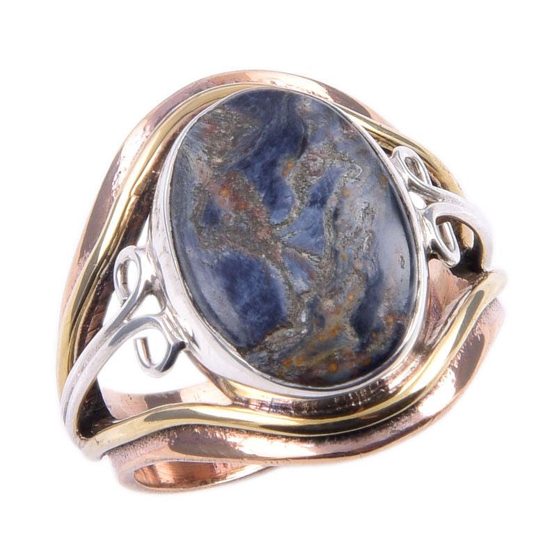 Natural Pietersite Gemstone Handmade 925 Sterling Silver Two Tone Ring S.6 T8c08
