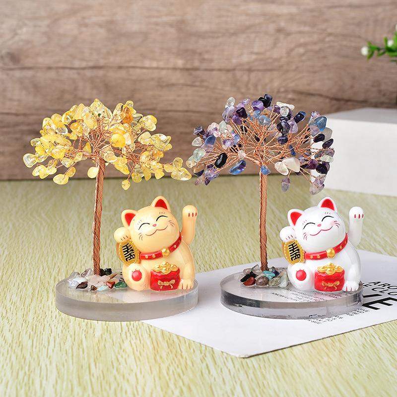 Solar Energy Shake Hands Lucky Cat Base Fate Tree Office Home Natural Crushed Stone Life Tree Handwoven Weaving Decor