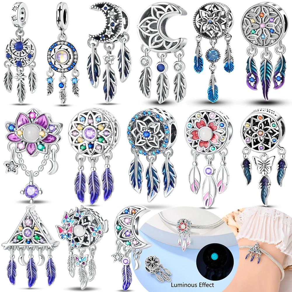 Charm Copper Original Dream Catcher Feather Pendant Purple Colorful Moon Design Bead Fit Bracelet Women Jewelry Diy