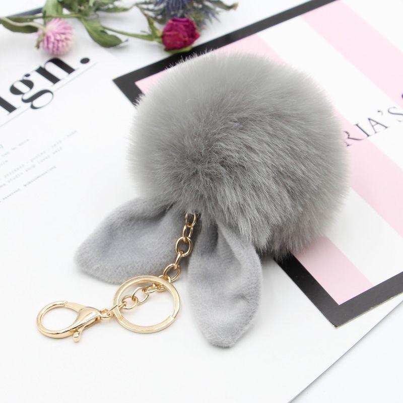 

Elegant Pompon Fluffy Women Rabbit Ear Fur Ball Key Chain Rings Bag Keychain Pendant Gray