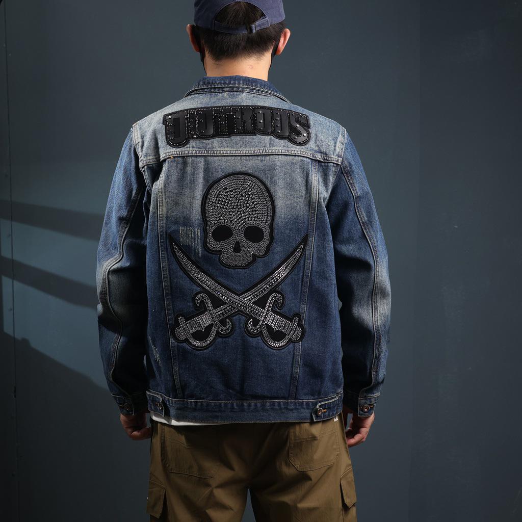 Xintang Men's Rhinestone-Studded Denim Jacket - Plus Size, Heavy Embroidery, Loose Fit Outwear