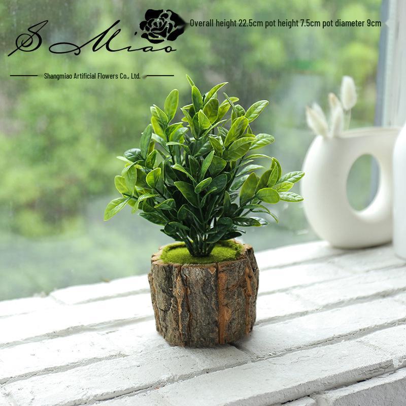 Creative Wooden Basin with Artificial Green Plant Bonsai Ornament for Display and Decoration.