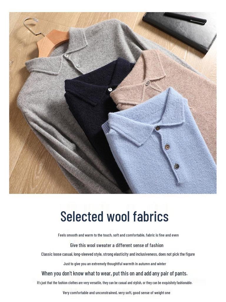 Men's Knitted Pure Wool Polo Shirt - Long-Sleeve Turn-Down Collar for Business Casual Wear