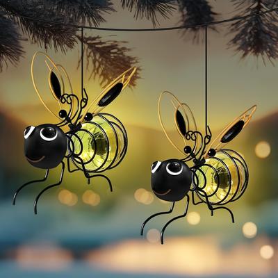 1Pc Solar Iron Bee Statue With LED Light Outdoor Waterproof Hanging Tree Ornament For Fence Yard Courtyard Garden Art Decoration