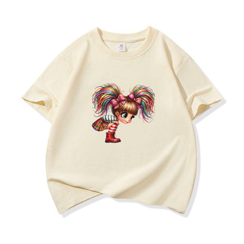 Kids Cotton T Shirt Rainbow Hair Girl Wear Plaid Skirt Print Crew Neck Short Sleeve Tee Casual Boys Girls Summer Tops