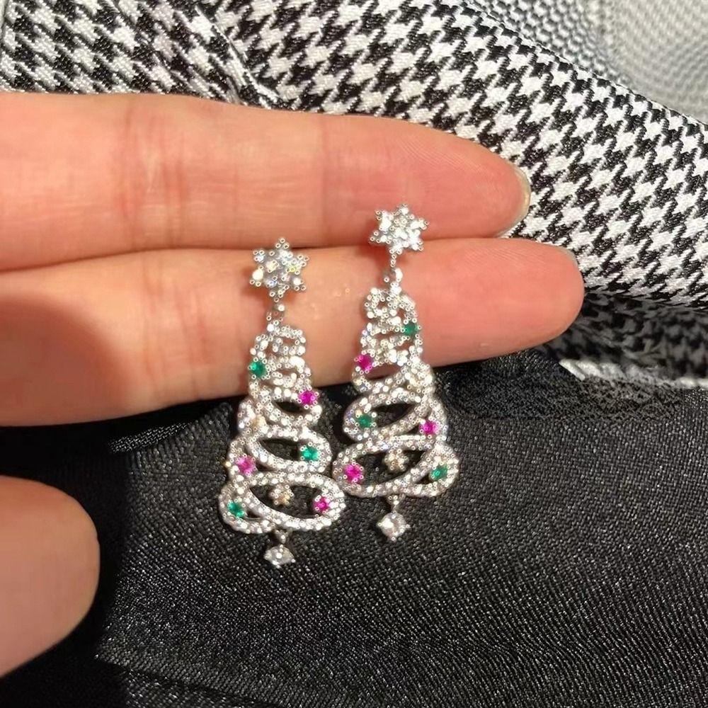 Gold Christmas Tree Earrings Silver Christmas Earrings Trendy Rhinestone Dangle Earrings  Girl