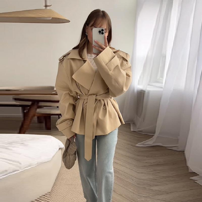 2025 Spring-Autumn Solid Color Belted Short Trench Coat
