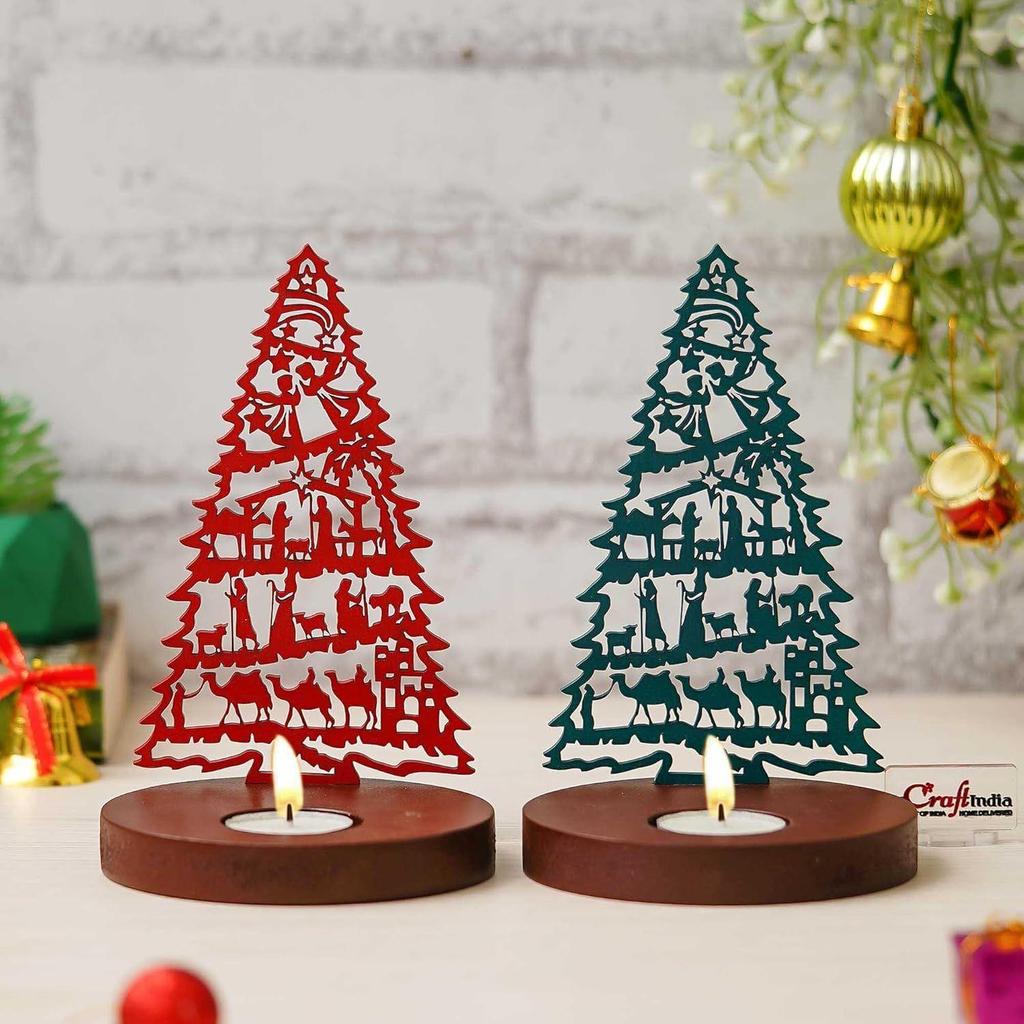 Jesus Krippe Weihnachtsbaum Teelicht Kerzenhalter(Set aus 2 Holz Rot Grün)Teelichthalter|Weihnachtsdekorationsartikel