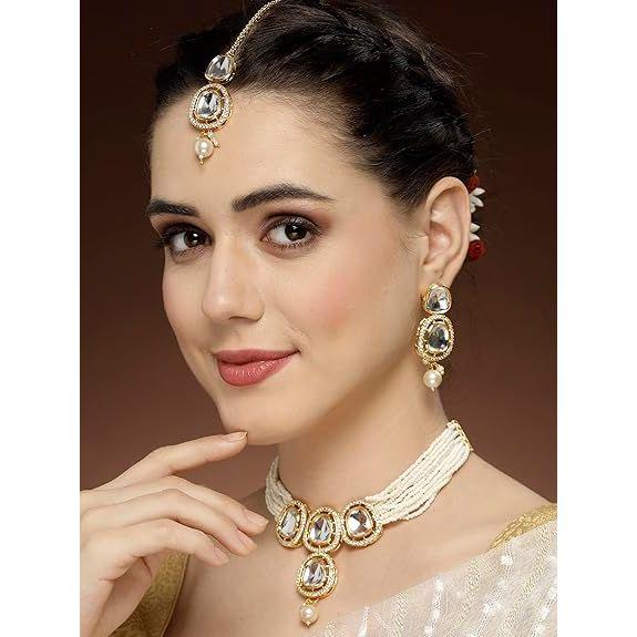 Latest Stylish Traditional Gold-Plated Kundan Studded Handcrafted Necklace Earrings with Maang Tikka Jewellery Set for Women & Girls