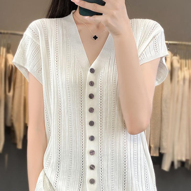 

Кардиган Наряд Новая Летняя Женская Одежда Корейский Стиль Модный Короткий V-образный вырез Трикотажный Топ из Ледяного Шелка для Женщин S белый
