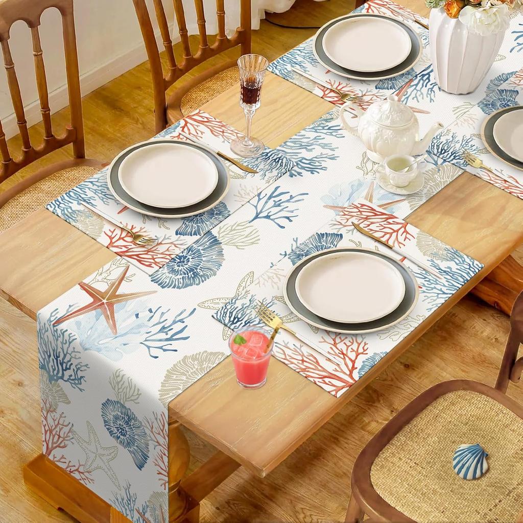 Bonhause Nautical Coastal Placemats Set of 4, 12x18 Inch Ocean Themed Starfish Coral Beach Kitchen Dining Table Mats Washable Place Mats for Indoor