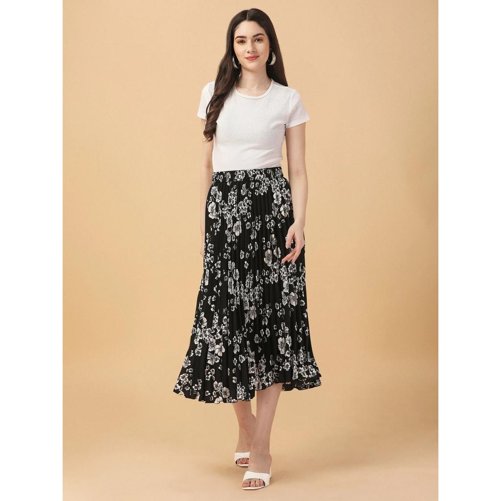 White Floral Printed Polyester Casual Skirt Women Pleated Flared Midi Skirt