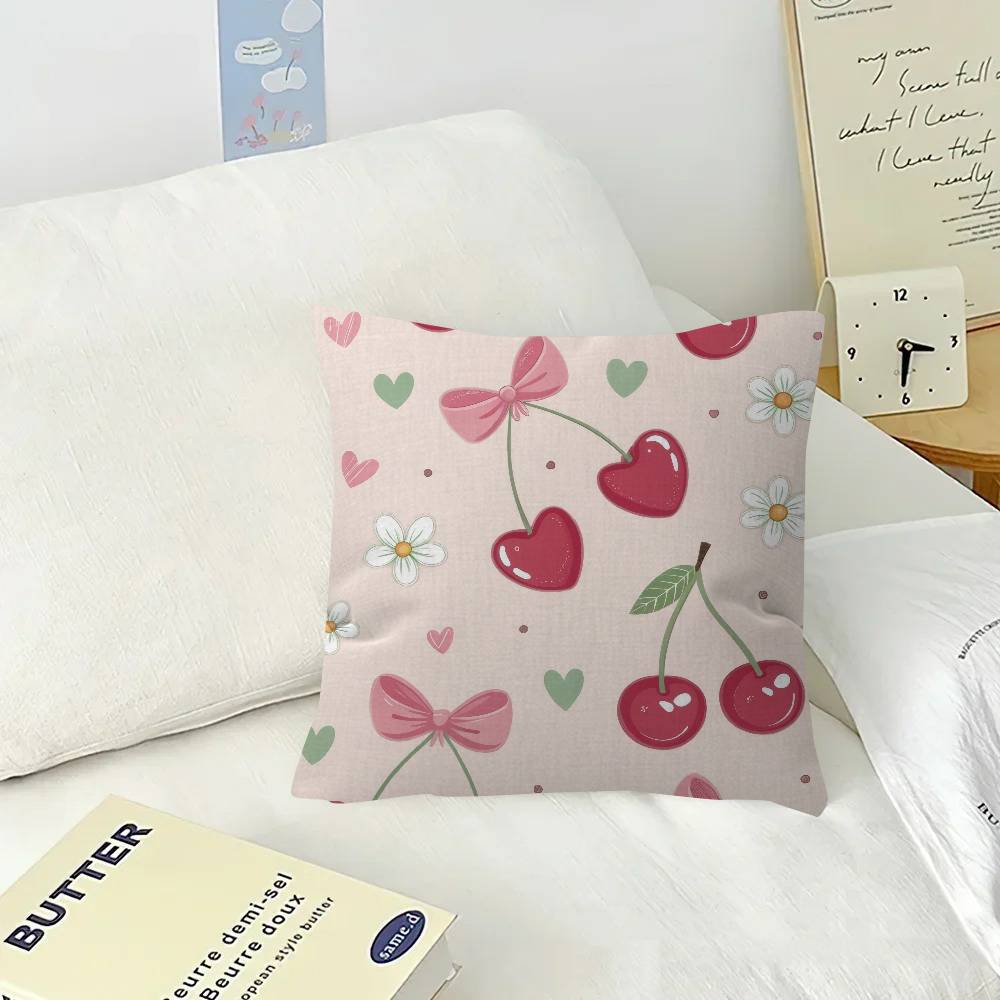 Art Pink Bow Cherry Lovely Kawaii  Cushion Cover  Polyester Sofa Cushions Decorative Throw Pillows Home Decoration Pillowcover