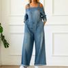 Damen schulterfrei weiter Bein Denim Jumpsuit verstellbarer Träger lockere Passform Latzhose lässige lange Hose